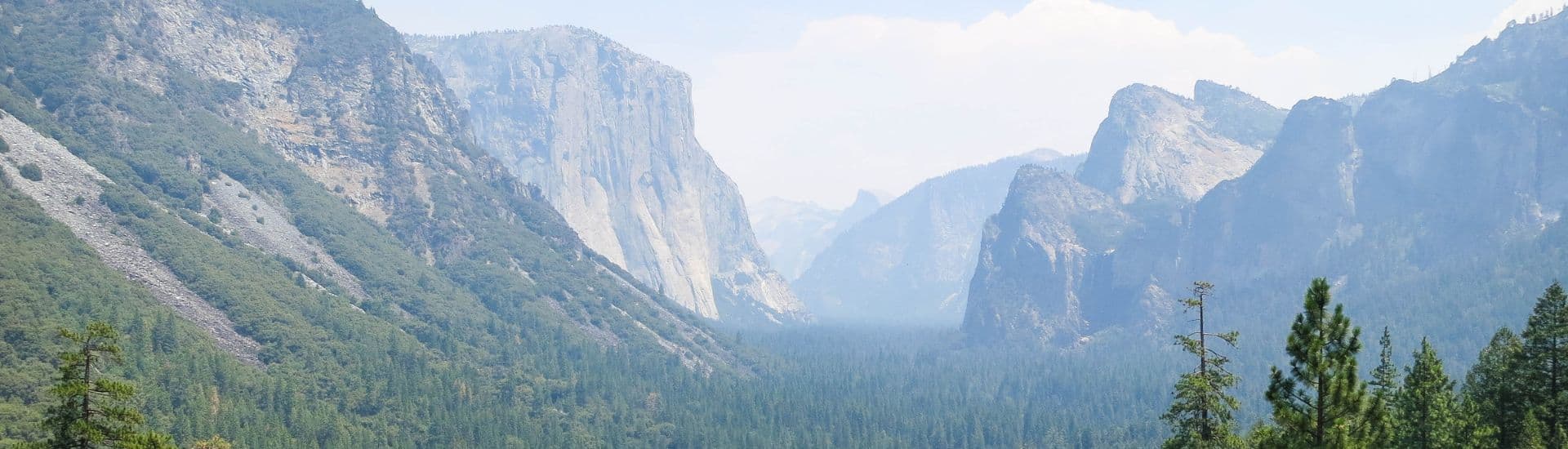 A panoramic view of misty mountains and dense forest.