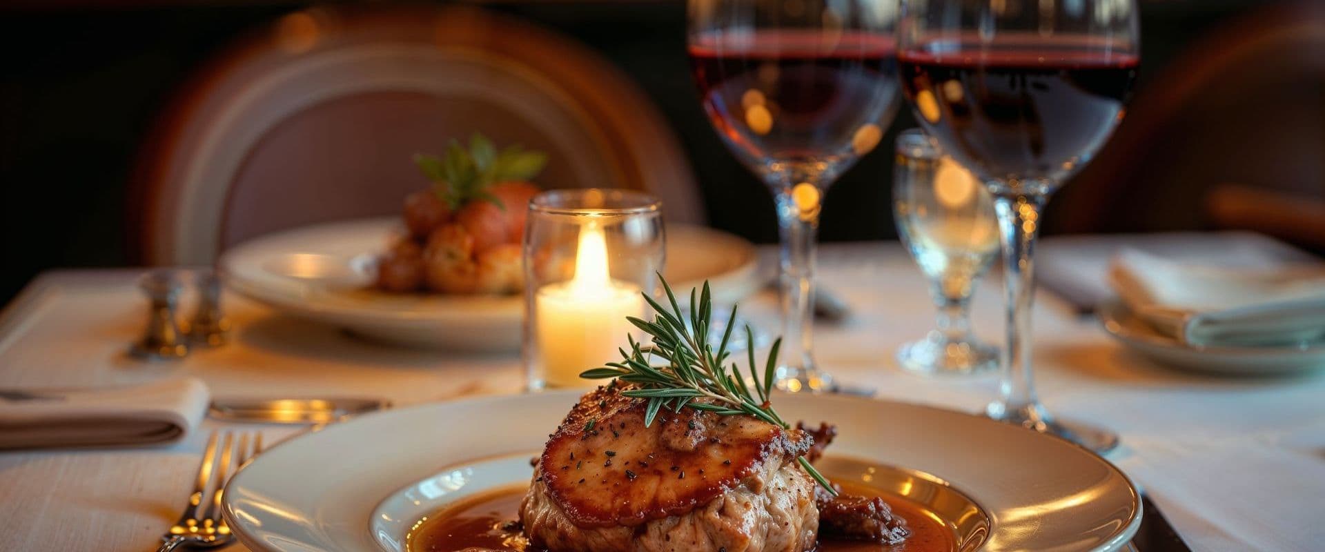 An elegantly plated dish with herbs, surrounded by glasses of red wine and a lit candle on a dining table.